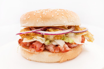 burger with bacon and vegetables