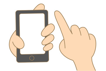 cartoon drawing of hand hold and use touch screen mobile phone
