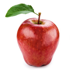 Red apple with leaves isolated on white