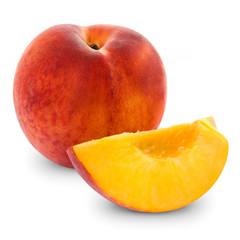 fresh peach fruits and half. Isolated on white background