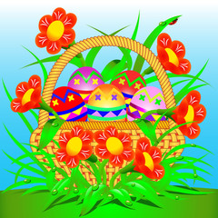 card with a basket of Easter eggs and flowers