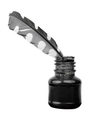 Feathers and ink bottle
