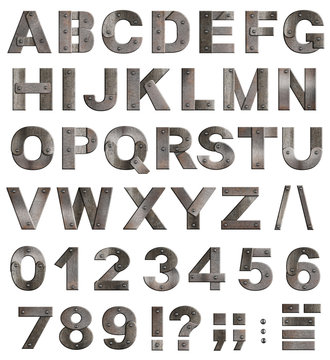 Full old metal alphabet letters, digits and punctuation marks is