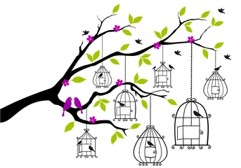 Wall murals Birds in cages tree with birds and open birdcages, vector