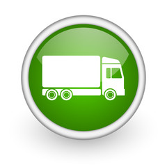 delivery green circle glossy web icon on white background
