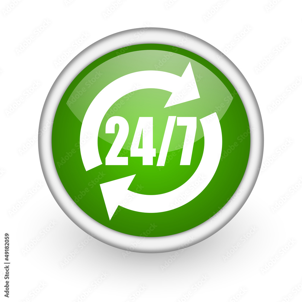 Poster 24/7 service green circle glossy web icon on white background