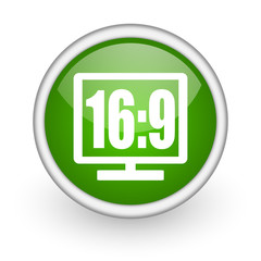 16 9 display green circle glossy web icon on white background