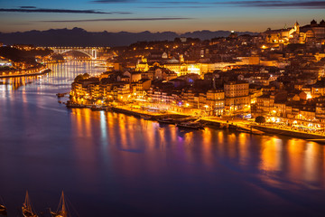 Panoramic of old Porto and Douro river at night, Portugal