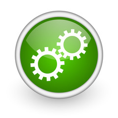 gears green circle glossy web icon on white background