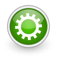 gears green circle glossy web icon on white background