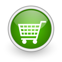 shopping cart green circle glossy web icon on white background