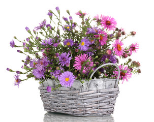 Fototapeta na wymiar Piękny bukiet fioletowych kwiatów w koszyku samodzielnie na białym tle