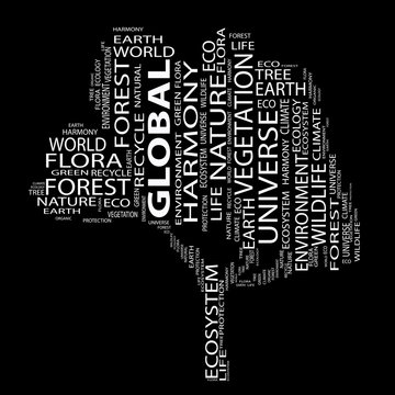 Conceptual white tree of text as wordcloud isolated on black