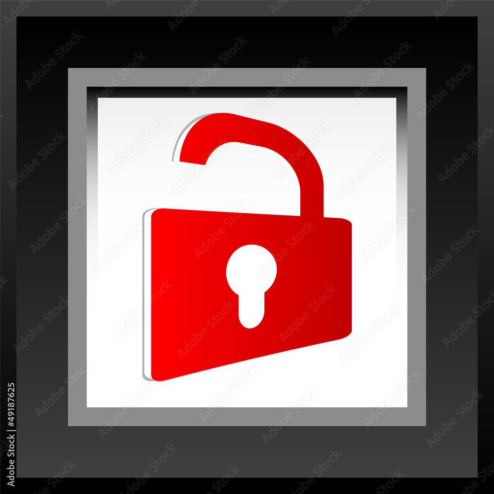Poster web security icon shield with red padlock - unlocked