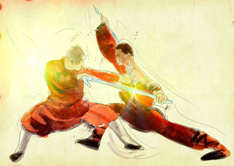 Kung Fu (in the morning), Chinese martial art. (Hand drawing.)