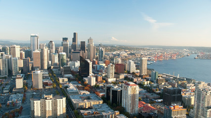 Seattle downtown skyline with view of Mt.Rainier in distance pan