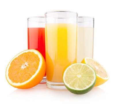 Fresh citrus juices isolated on white