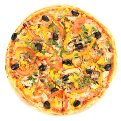 Tasty pizza with vegetables, chicken and olives isolated