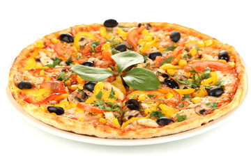 Tasty pizza with vegetables, chicken and olives isolated