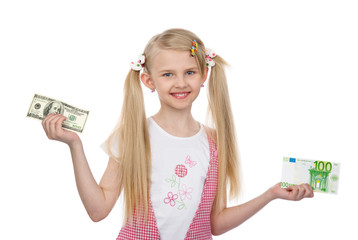 little girl choice dollar or euro. isolated on white