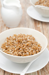 Boiled buckwheat in a white bowl