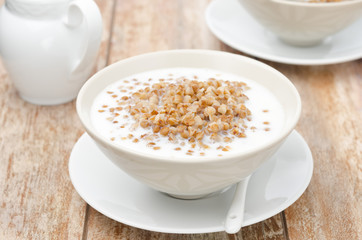 Boiled buckwheat with milk in a white bowl horizontal