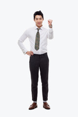 Showing fist young Asian business man.