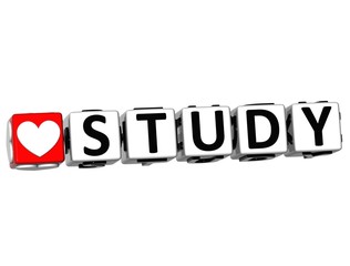 3D I Love Study Button Block text on white background