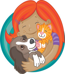 Fille rousse heureuse tenant le chiot et le chaton mignons