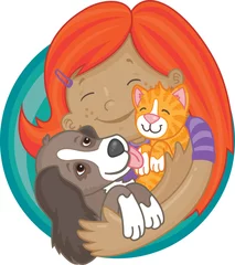 Photo sur Plexiglas Chats Fille rousse heureuse tenant le chiot et le chaton mignons