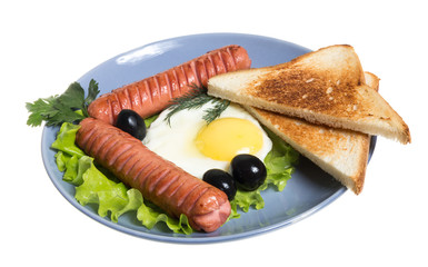 breakfast with sausages, toast and egg
