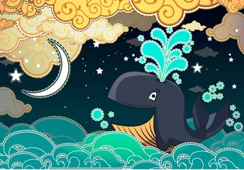 Crédence de cuisine en verre imprimé Sous-marin Baleine de style dessin animé, nuit, demi-lune et nuages