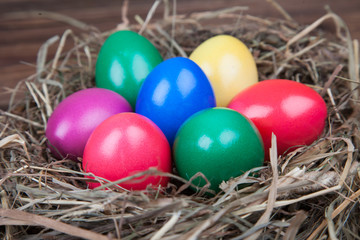 Farbige Ostereier im Nest auf Holz IV