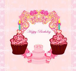 illustration of cute retro cupcakes card - Happy Birthday Card