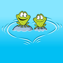 Fototapeta premium Frogs In Love sitting on a stone in water with heart shape waves