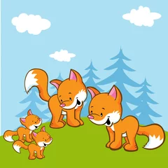 Door stickers Forest animals fox family on meadow near the forest