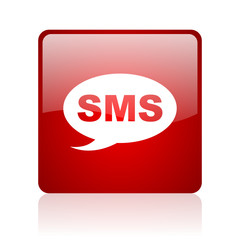 sms red square glossy web icon on white background