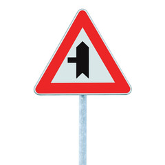 Crossroads Warning Main Road Sign With Pole, Left, isolated