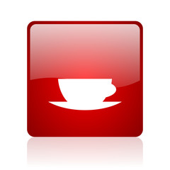 coffee cup red square glossy web icon on white background