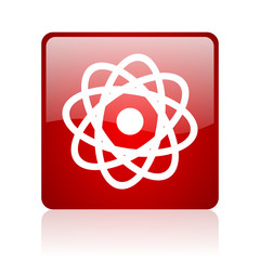atom red square glossy web icon on white background