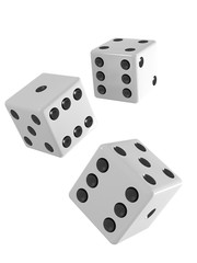 Three white dice falling