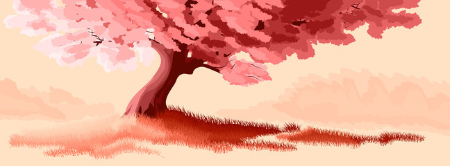 Illustration of red blossom tree in grass.