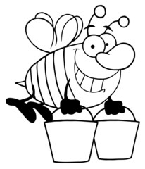 Outlined Happy Honey Bee Flying With A Buckets
