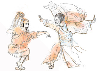 Kung Fu, Chinese martial art. /// Hand drawing into vector