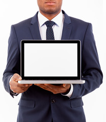 African American business man with a laptop computer isolated ov