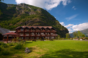 Fototapeta na wymiar Small hotel between mountains, Sognefjord, Norway