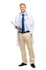 Full length of confident young doctor on white background