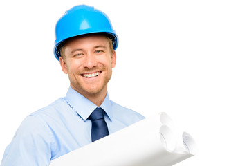 Happy young bussinessman architect on white background