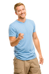 Happy man pointing - portrait on white background