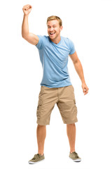 Happy young man celebrating success isolated on white